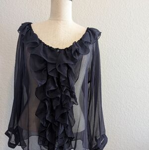 Lauren Ralph Lauren Navy Sheer Ruffle Front Blouse
